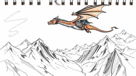 A vibrant, hand-drawn sketchnote depicts a dragon and its rider soaring above a breathtaking landscape of icy mountains.  The