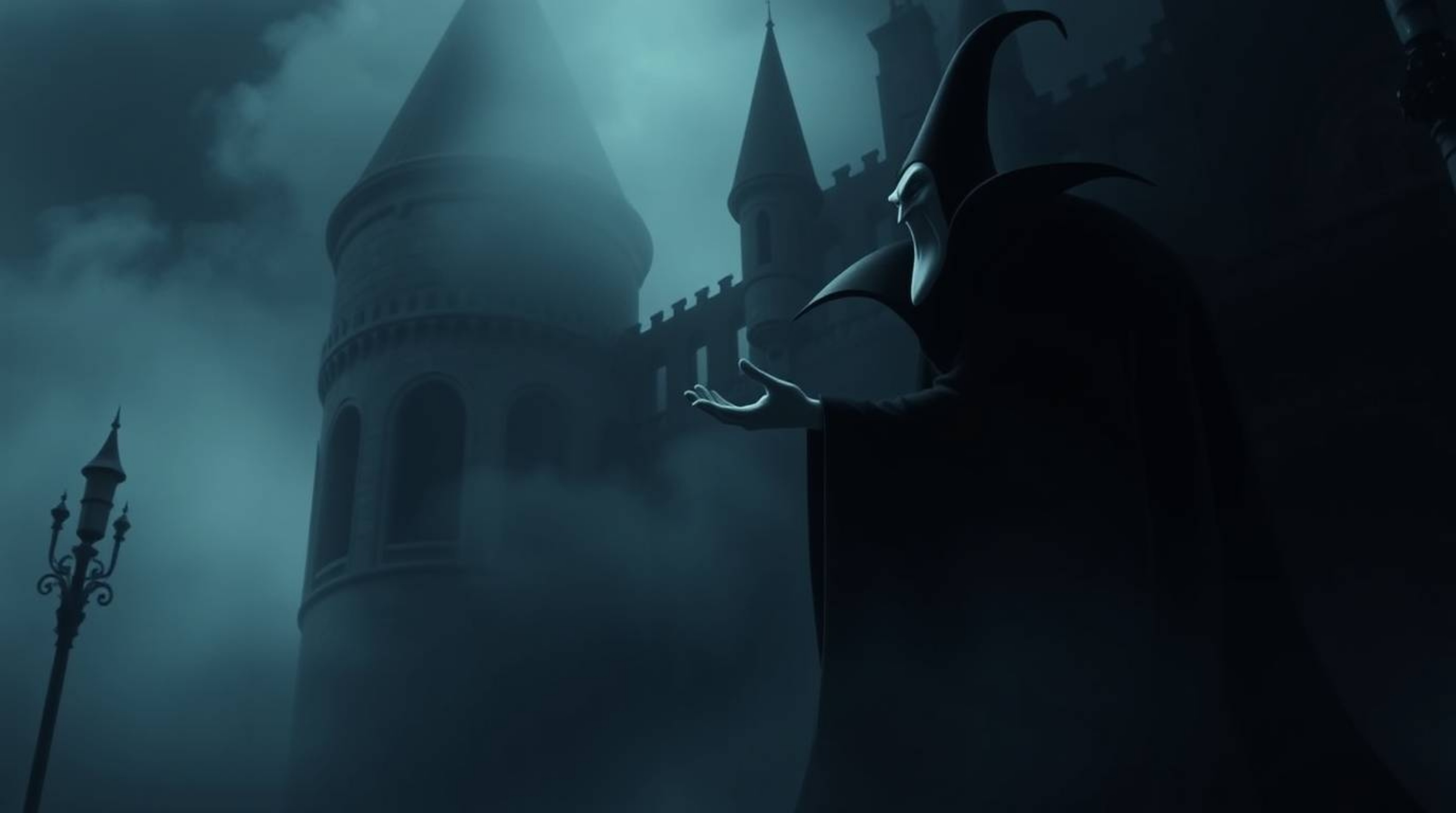 A classic Disney villain is depicted casting a powerful spell within the confines of an ancient castle. The scene is shrouded
