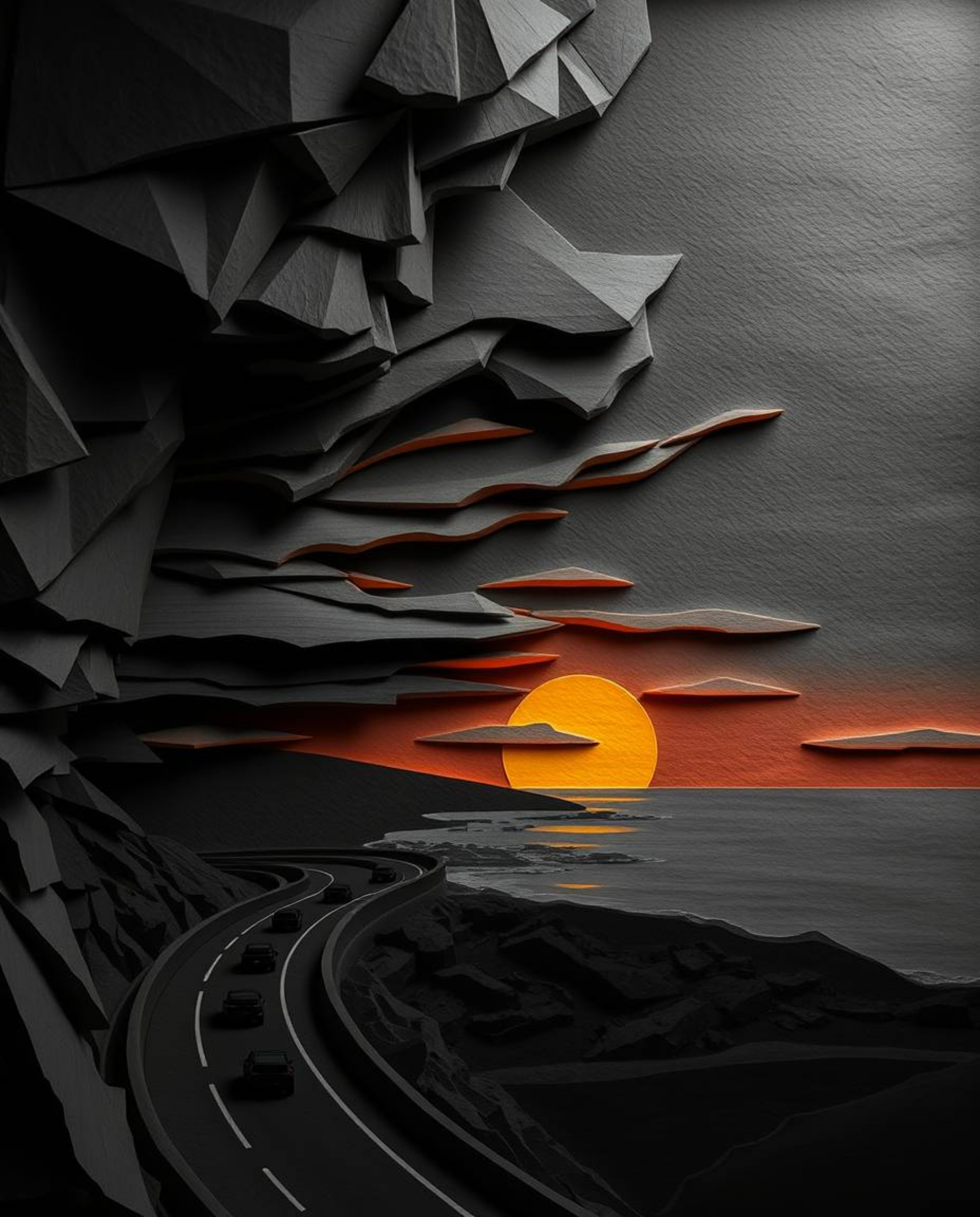 This is a layered papier-mâché sculpture of a sunset sky over a winding coastal highway. The artwork is characterized by high