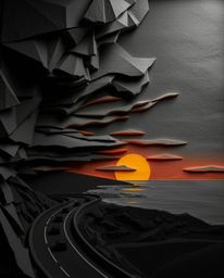 This is a layered papier-mâché sculpture of a sunset sky over a winding coastal highway. The artwork is characterized by high