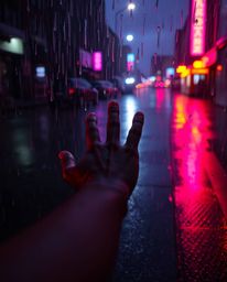 A captivating image featuring a wet, rainy scene with iridescent colors and reflections.  A hand stretches towards a source o