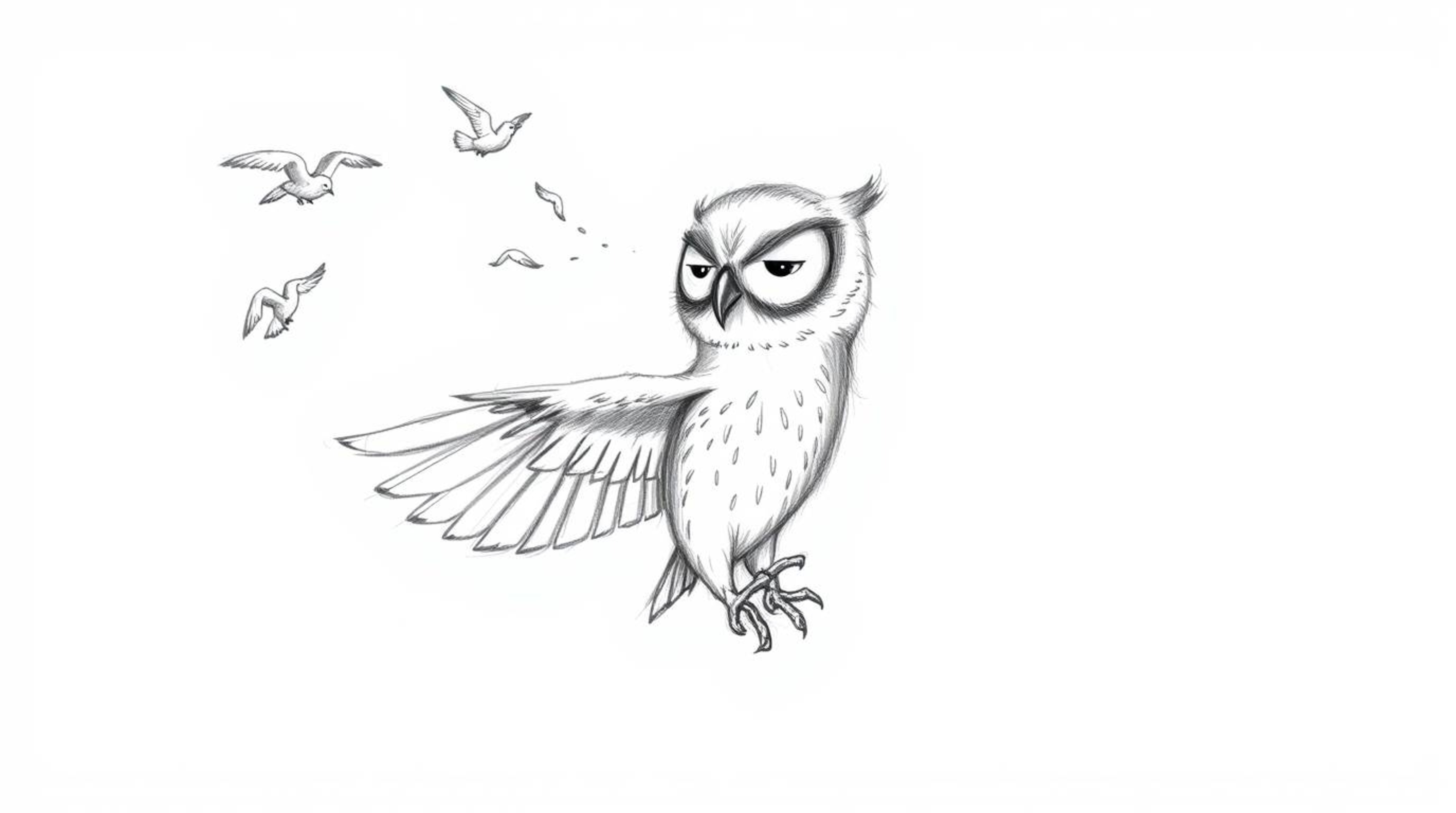 A heartwarming hand-drawn illustration in the style of Pixar depicts a blind owl, its soft feathers gently ruffling, patientl