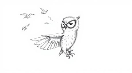 A heartwarming hand-drawn illustration in the style of Pixar depicts a blind owl, its soft feathers gently ruffling, patientl