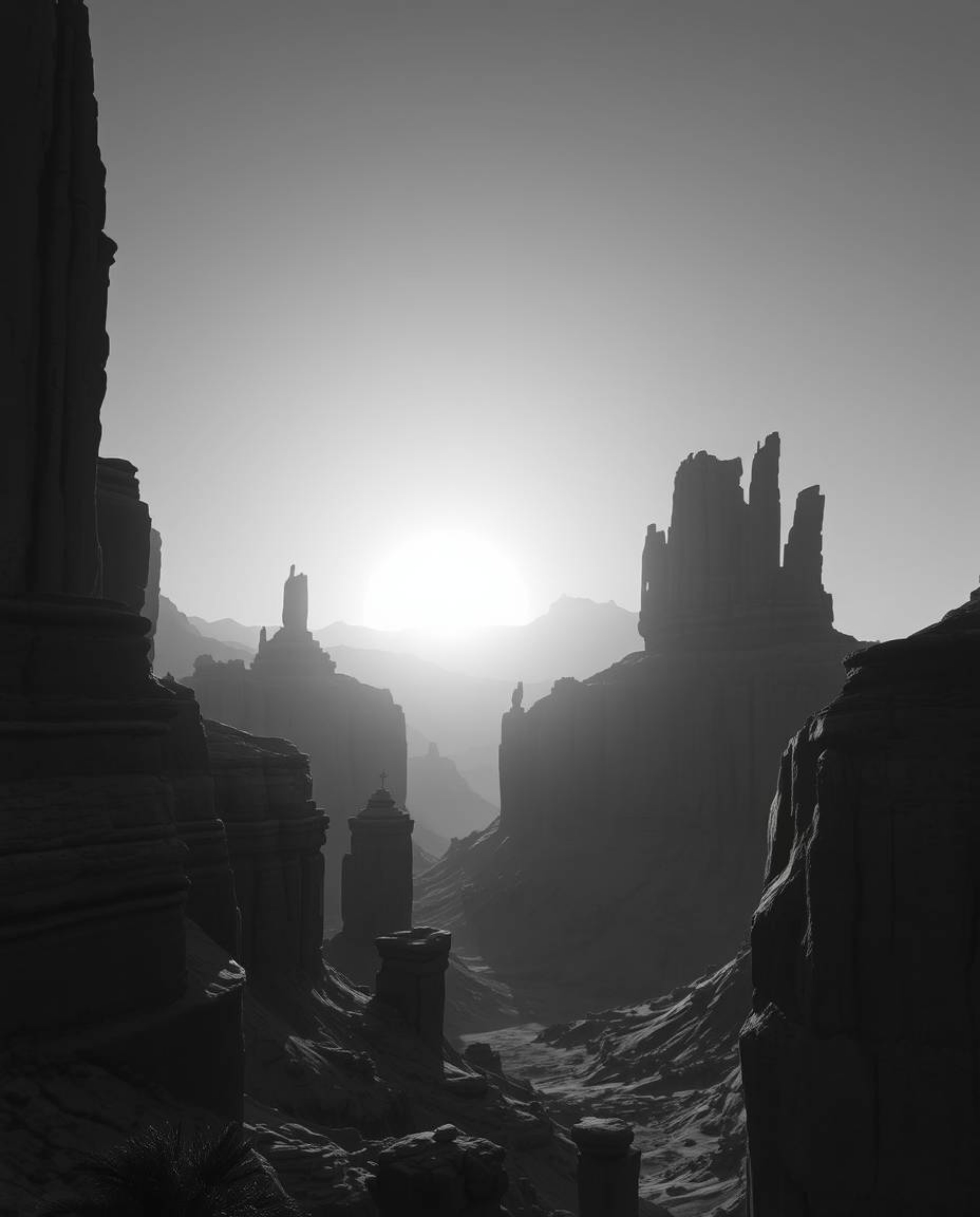 A classic black and white futuristic sci-fi image depicts a sunset illuminating sandstone cliffs in a canyon. The scene seaml