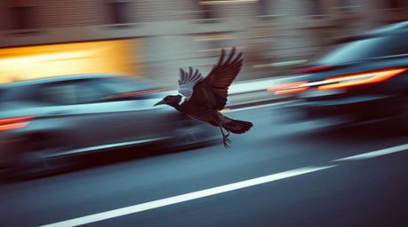 A stunning professional photograph captures the dynamic movement of a fast-running bird speeding past traffic in a rich burgu