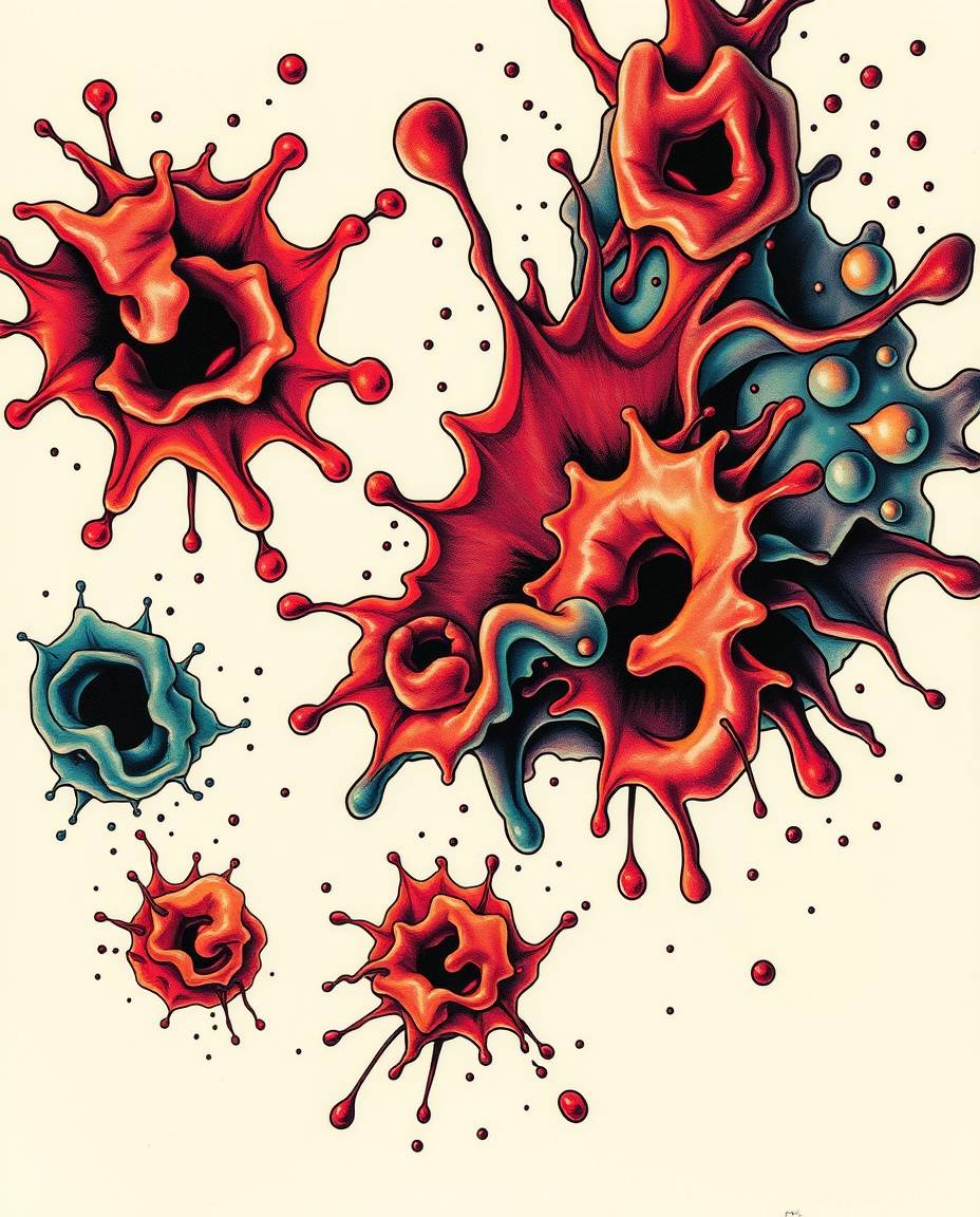 A traditional tattoo-style print featuring surreal, infrared-toned, abstract 3D colorful splash shapes floating in space.  Ch