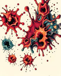 A traditional tattoo-style print featuring surreal, infrared-toned, abstract 3D colorful splash shapes floating in space.  Ch