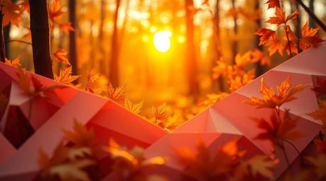 A stunning close-up showcases an intricate origami artwork depicting an autumn forest scene.  Golden leaves are illuminated b