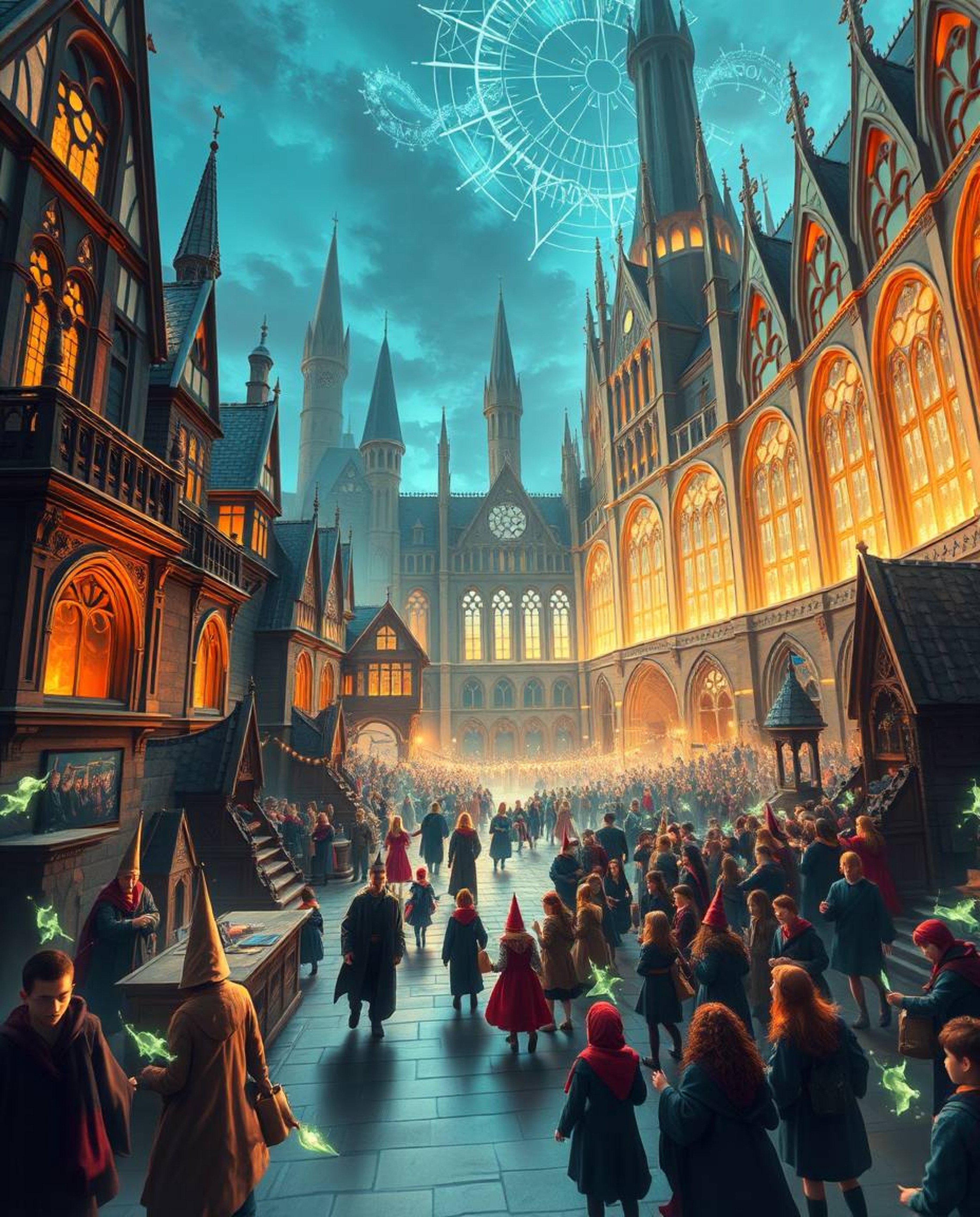 Explore a breathtaking panoramic photograph of a magical school teeming with young wizards.  The image showcases sharp archit