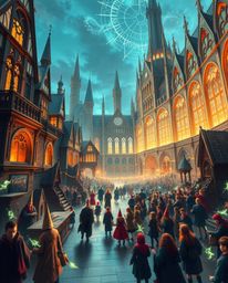 Explore a breathtaking panoramic photograph of a magical school teeming with young wizards.  The image showcases sharp archit