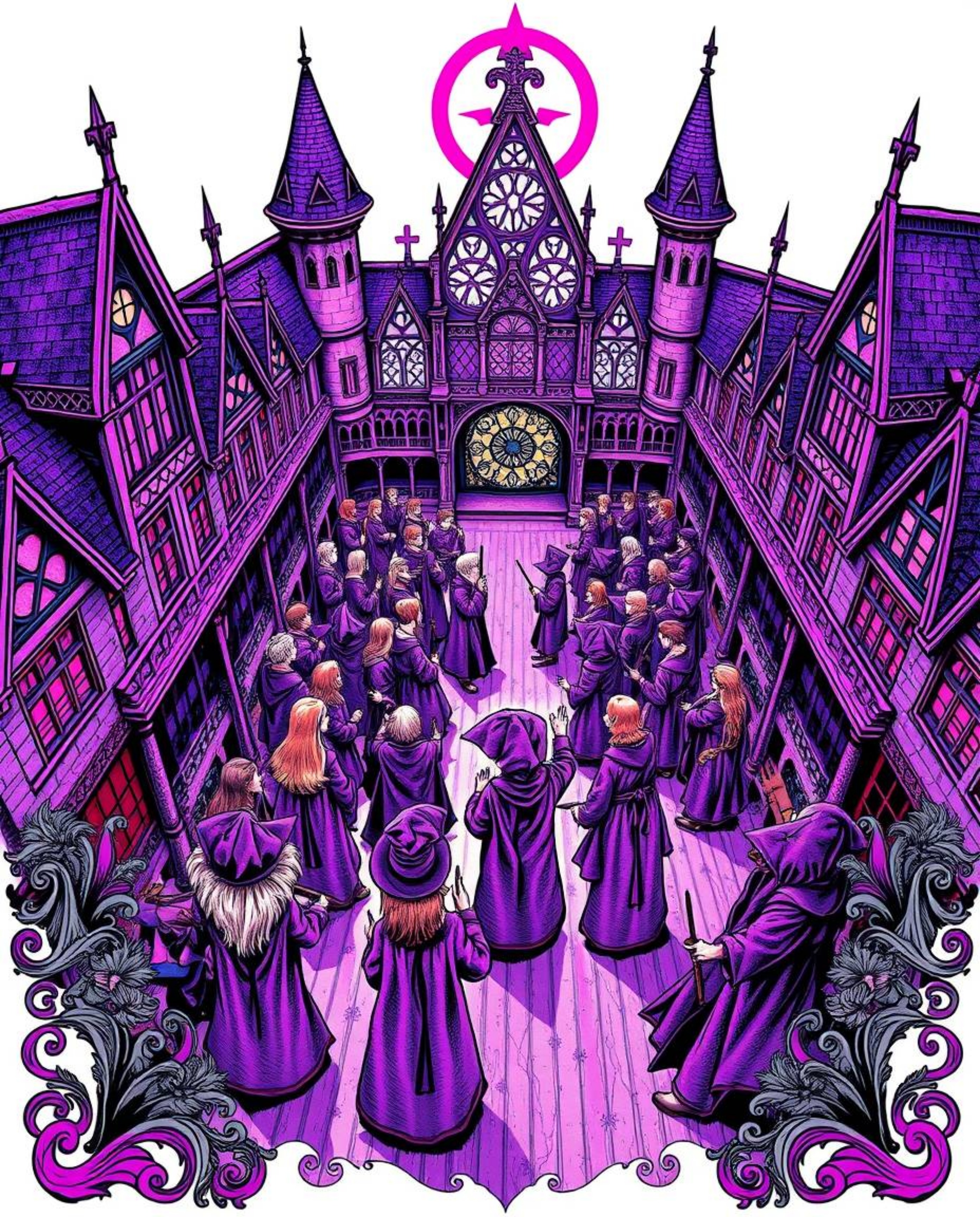 A captivating tattoo art print depicting a magical school brimming with young wizards.  Viewed from a high angle, the design 