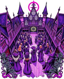 A captivating tattoo art print depicting a magical school brimming with young wizards.  Viewed from a high angle, the design 