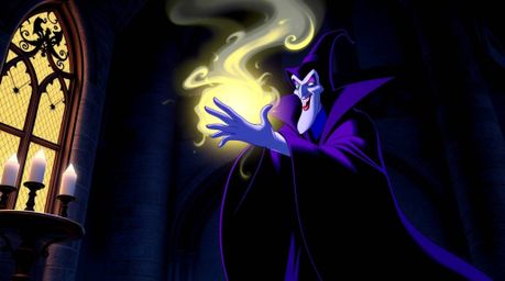A captivating artwork depicts a classic Disney villain casting a powerful spell within the ominous walls of an ancient castle