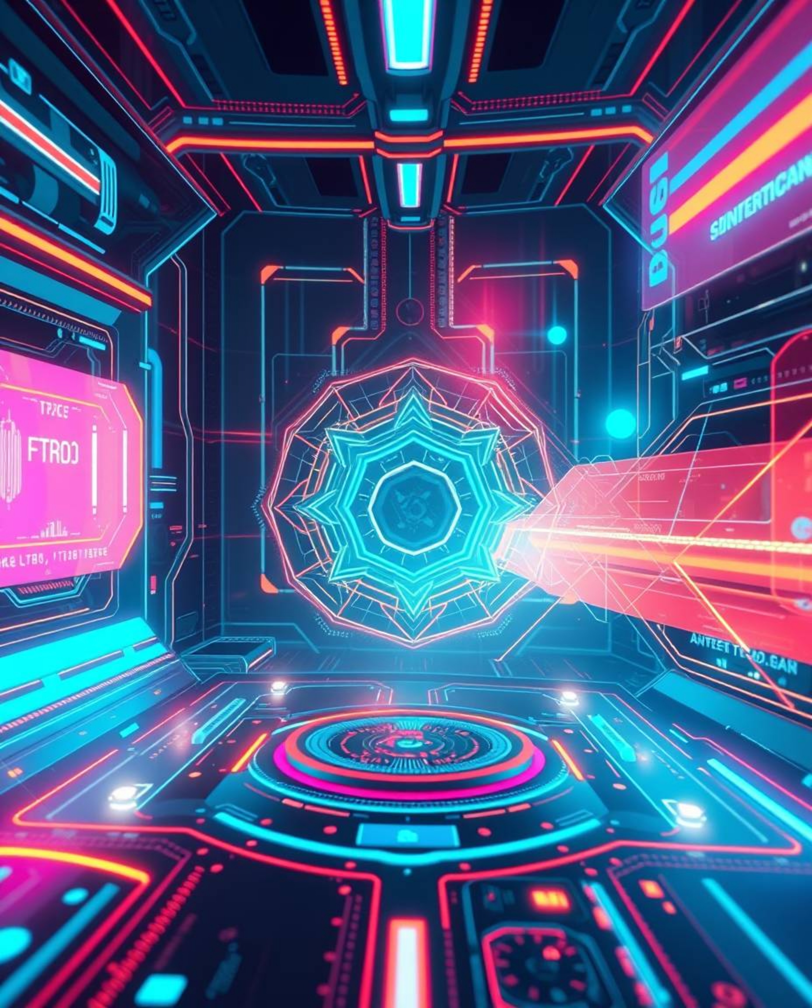 This image showcases a futuristic digital interface crafted with intricate geometric patterns and shimmering holographic elem