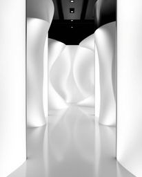 Classic black and white silhouetted backlighting showcases smooth 3D fluid metallic shapes with timeless elegance, creating a