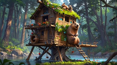 In a beautifully rendered scene that combines the charm of Pixar with the artistic flair of anime, a kind beaver and his foun