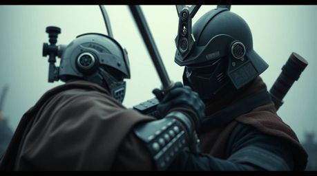 Witness a cinematic close-up of a samurai warrior fiercely battling a menacing robot in a desolate, dystopian world.  The sce