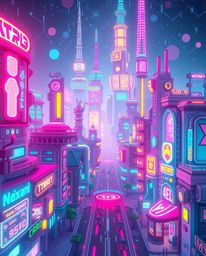 Experience a bright and vibrant image showcasing an adorable and cute futuristic city in captivating glitch mode.  Flickering