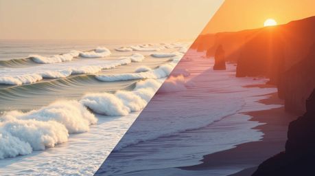 A stunning digital illustration depicting waves crashing against dramatic cliffs at sunset, showcasing a distinct split of wa