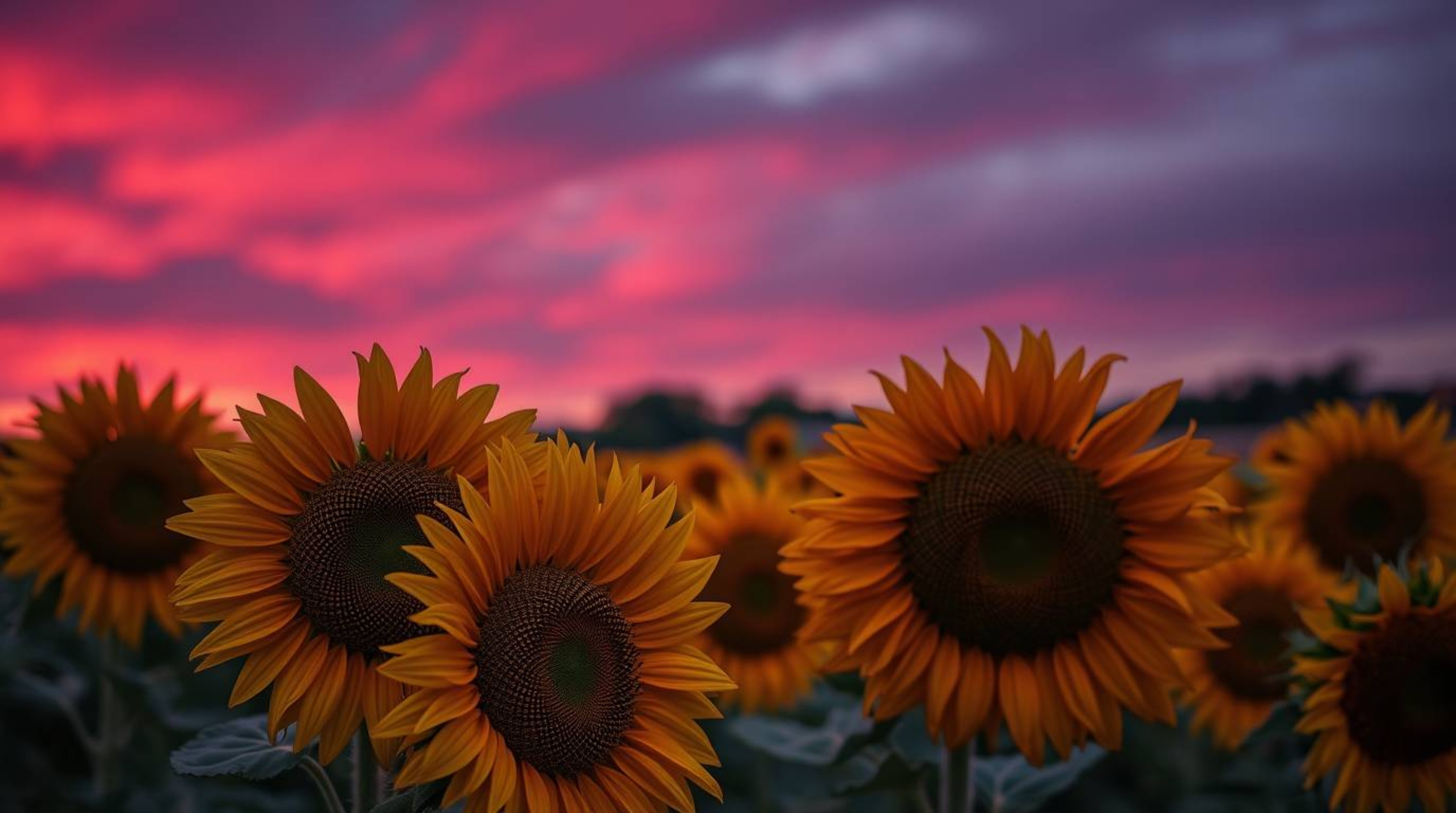 A captivating close-up reveals a breathtaking sunflower field bathed in the warm glow of a deep red and purple sunset.  The i