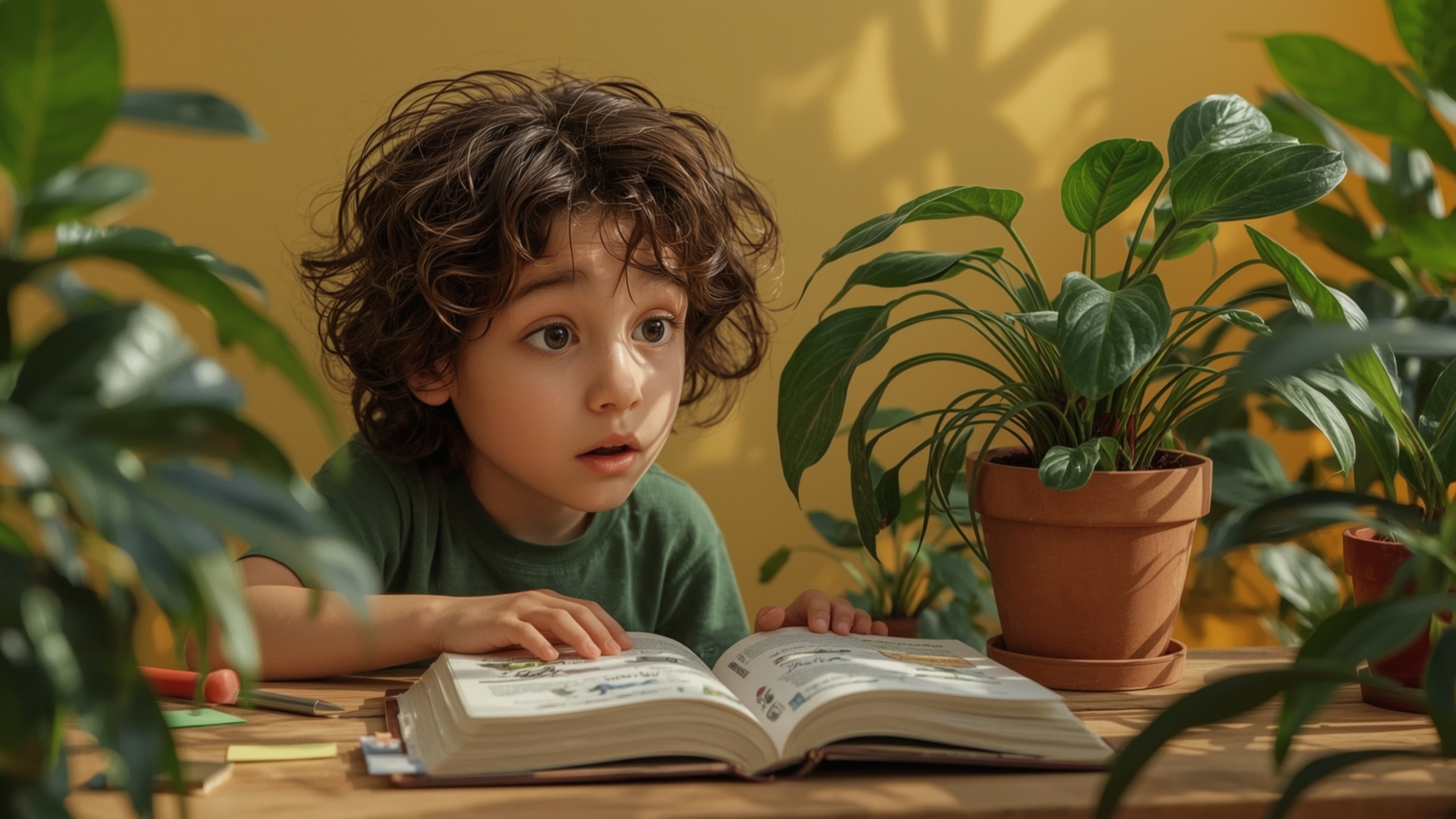 In a vibrant and whimsical photograph reminiscent of Pixar's signature style, a homeschooled genius with curly brown hair and