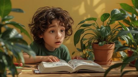 In a vibrant and whimsical photograph reminiscent of Pixar's signature style, a homeschooled genius with curly brown hair and