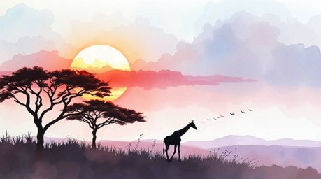 A captivating watercolor painting depicting a mystical sunset over a serene African savanna. Silhouetted giraffes stand again