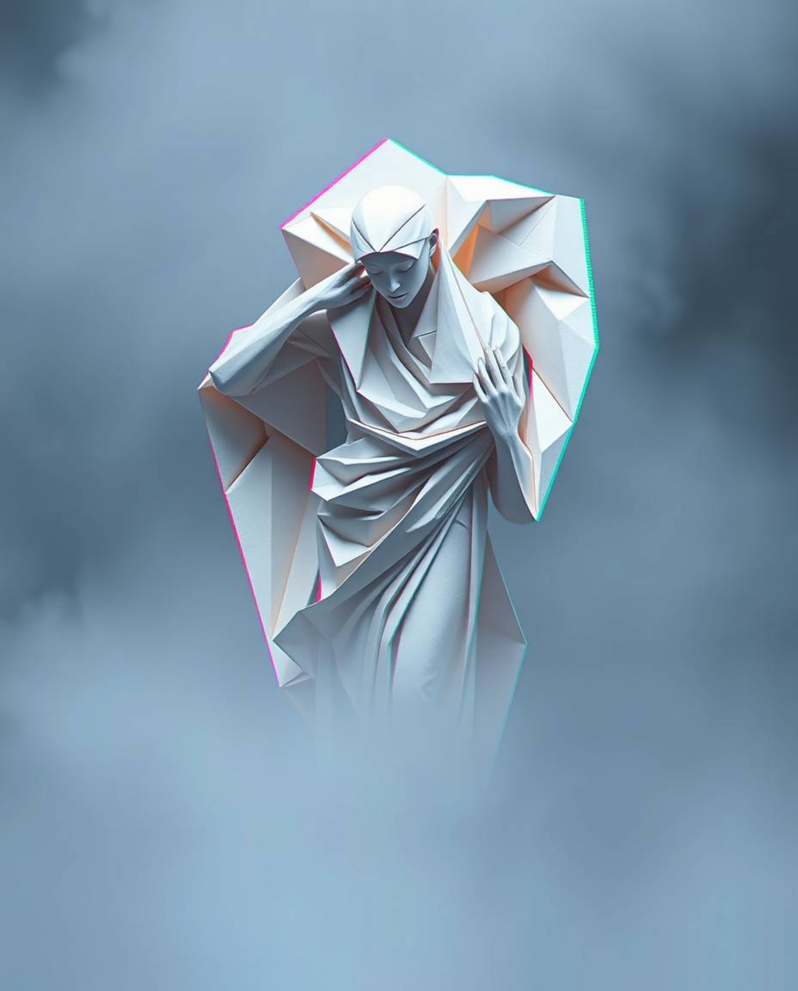 This artwork features an intricately folded, origami-style sculpture depicting a classical figure shrouded in a thick fog. A 