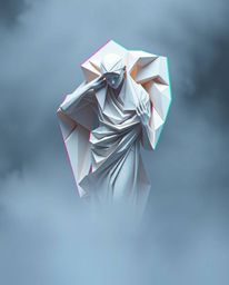 This artwork features an intricately folded, origami-style sculpture depicting a classical figure shrouded in a thick fog. A 