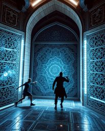 Explore a captivating futuristic sci-fi scene where Islamic geometric patterns are intricately carved in stone, blending hist