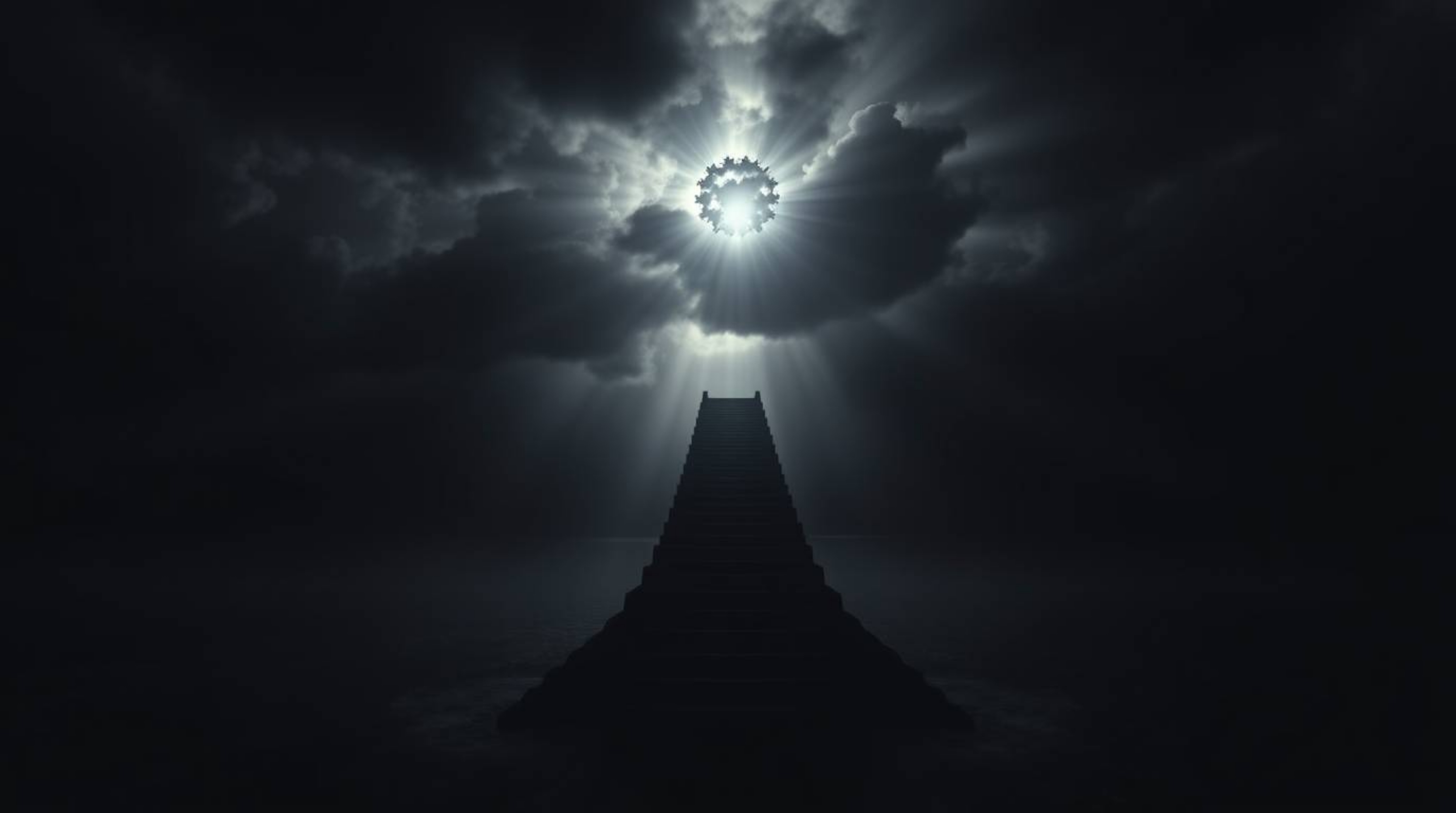 A dramatic and ethereal staircase emerges from the ocean, reaching towards a stormy sky illuminated by a divine sunburst. Thi