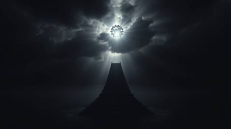 A dramatic and ethereal staircase emerges from the ocean, reaching towards a stormy sky illuminated by a divine sunburst. Thi