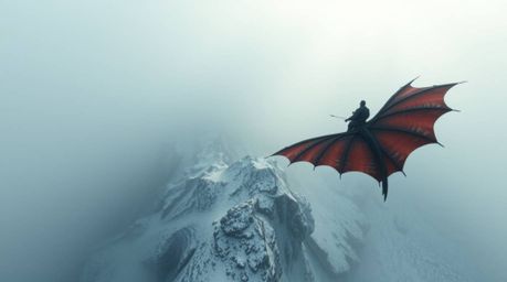 Experience a breathtaking high-angle perspective of a dragon and its rider soaring through a thick, foggy atmosphere above ic