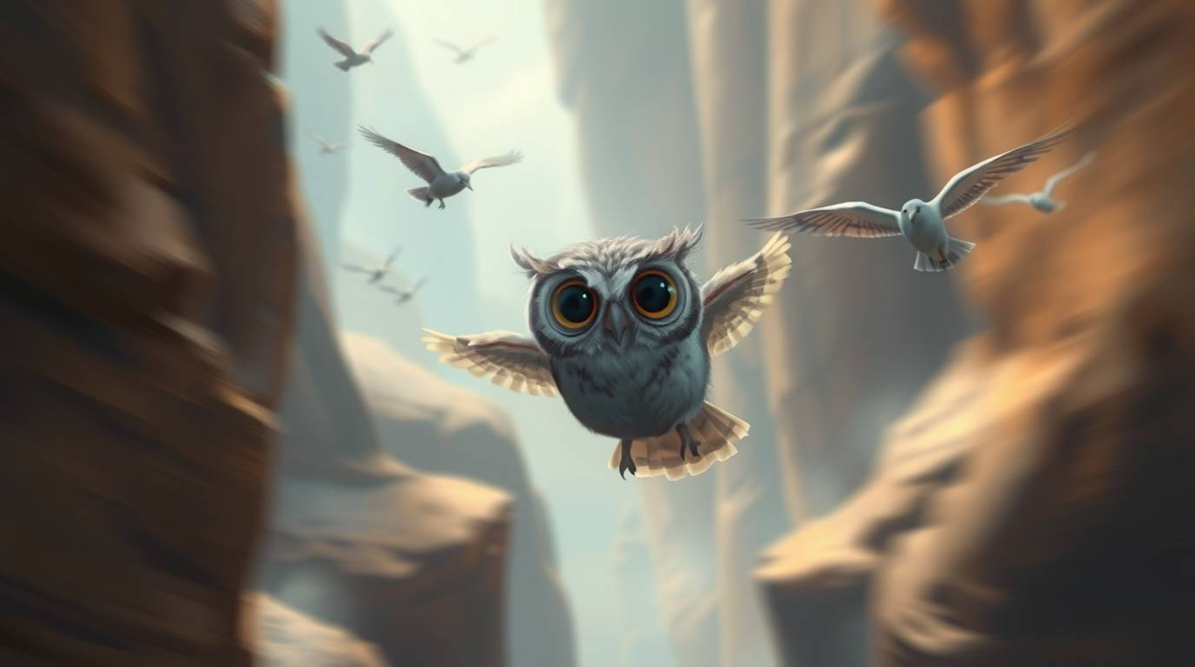 This stunning digital painting captures a deeply ethereal and spiritual vibe, featuring a blind owl with large, kind eyes, re