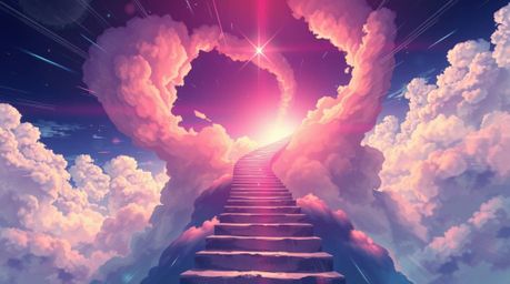 A captivating digital illustration in the style of Isekai anime features a winding stairway composed of smoke and light ascen