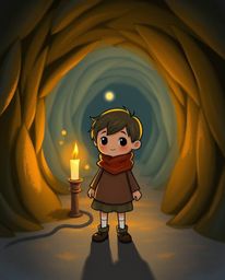 A captivating image of an adorable person standing at a tunnel's edge, gazing towards a radiant light source.  Warm candlelig