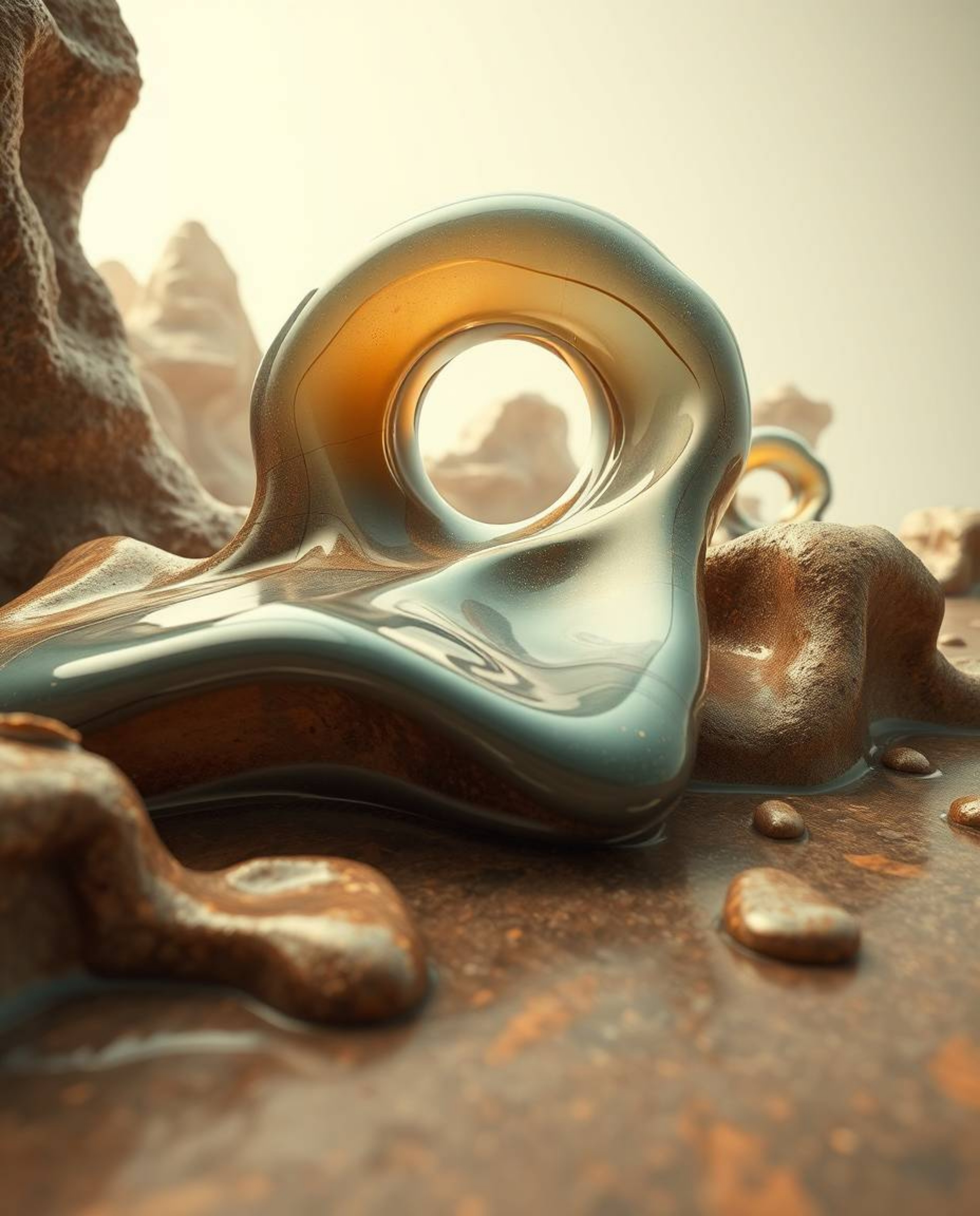A digital image capturing the essence of surrealism with 3D fluid shapes reminiscent of melted glass, rendered in a hyperreal