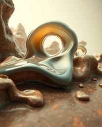 A digital image capturing the essence of surrealism with 3D fluid shapes reminiscent of melted glass, rendered in a hyperreal