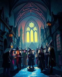A captivating image of a magical school brimming with young wizards. The scene is masterfully lit with a low-key lighting sc