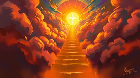 A dynamic digital sketch presents a golden staircase ascending through clouds towards a luminous heaven, bathed in bright, vi