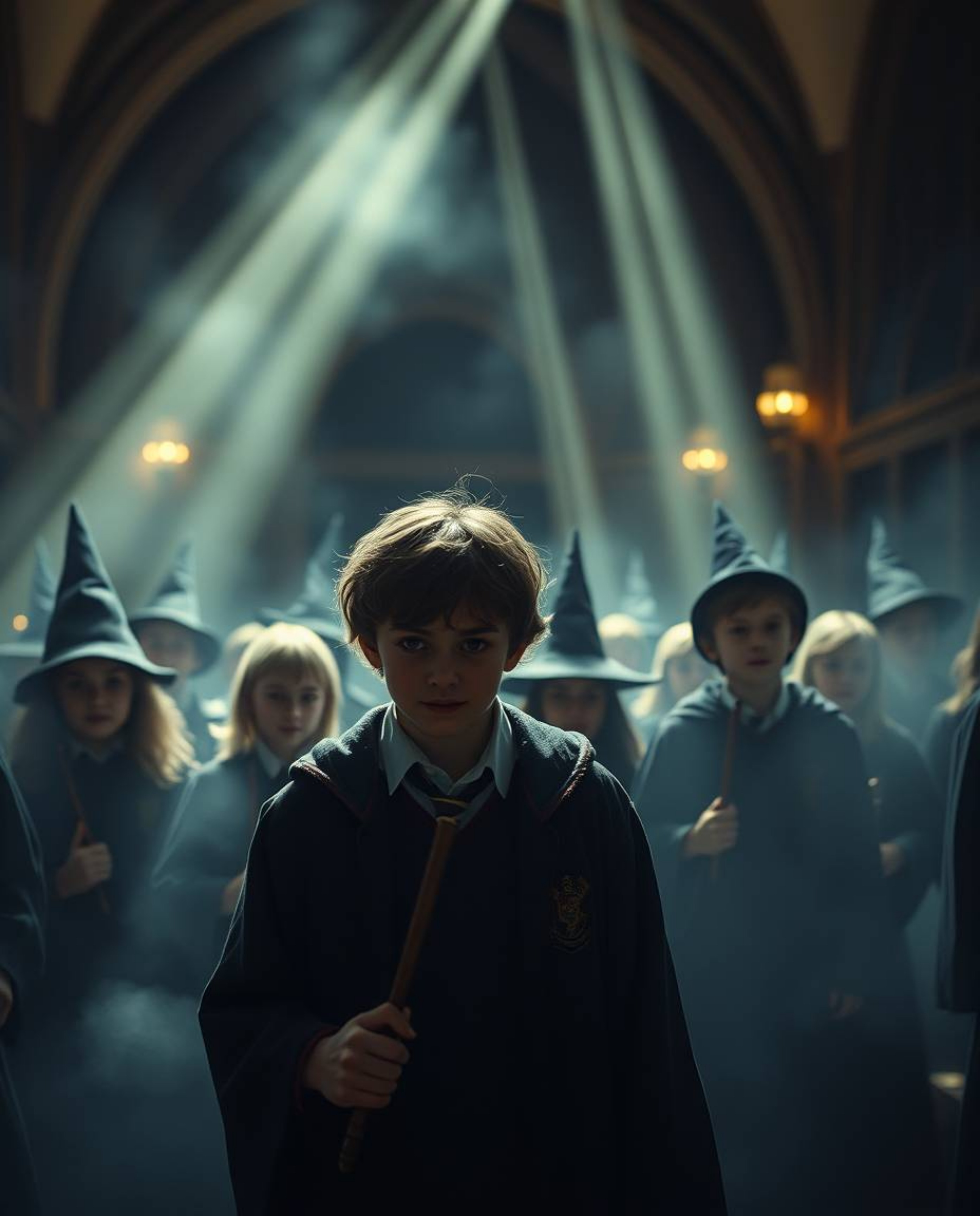 Experience a captivating scene of a magical school teeming with young wizards, rendered in a dramatic cinematic style. The im