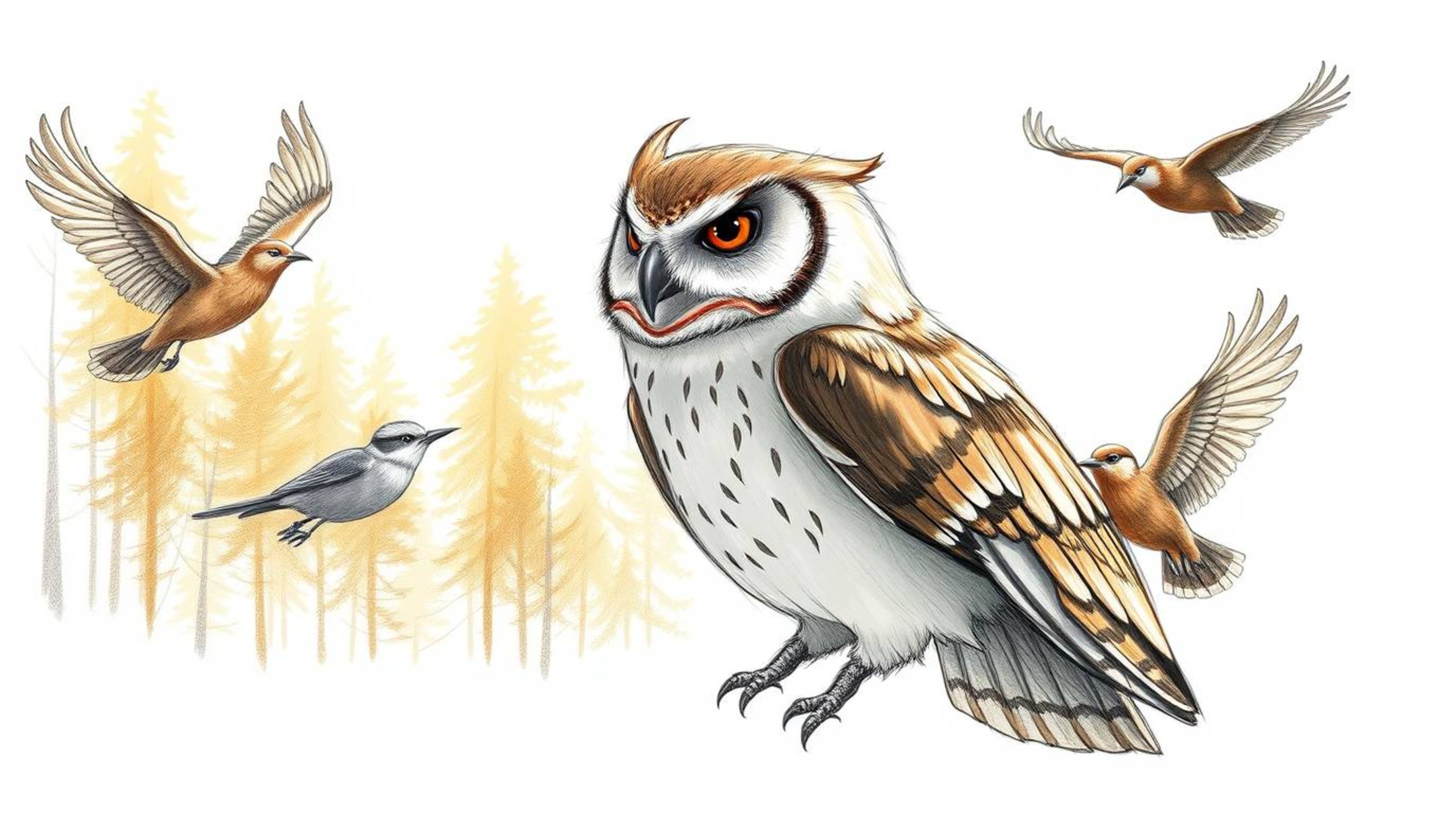 A captivating hand-drawn sketch in the style of Pixar, depicting a blind owl with soft, feathery textures instructing a diver