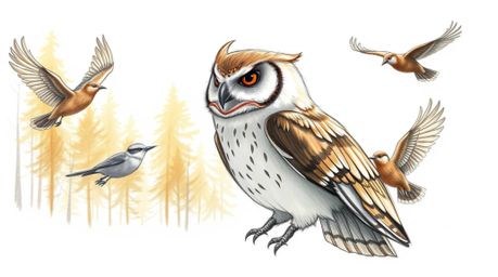 A captivating hand-drawn sketch in the style of Pixar, depicting a blind owl with soft, feathery textures instructing a diver