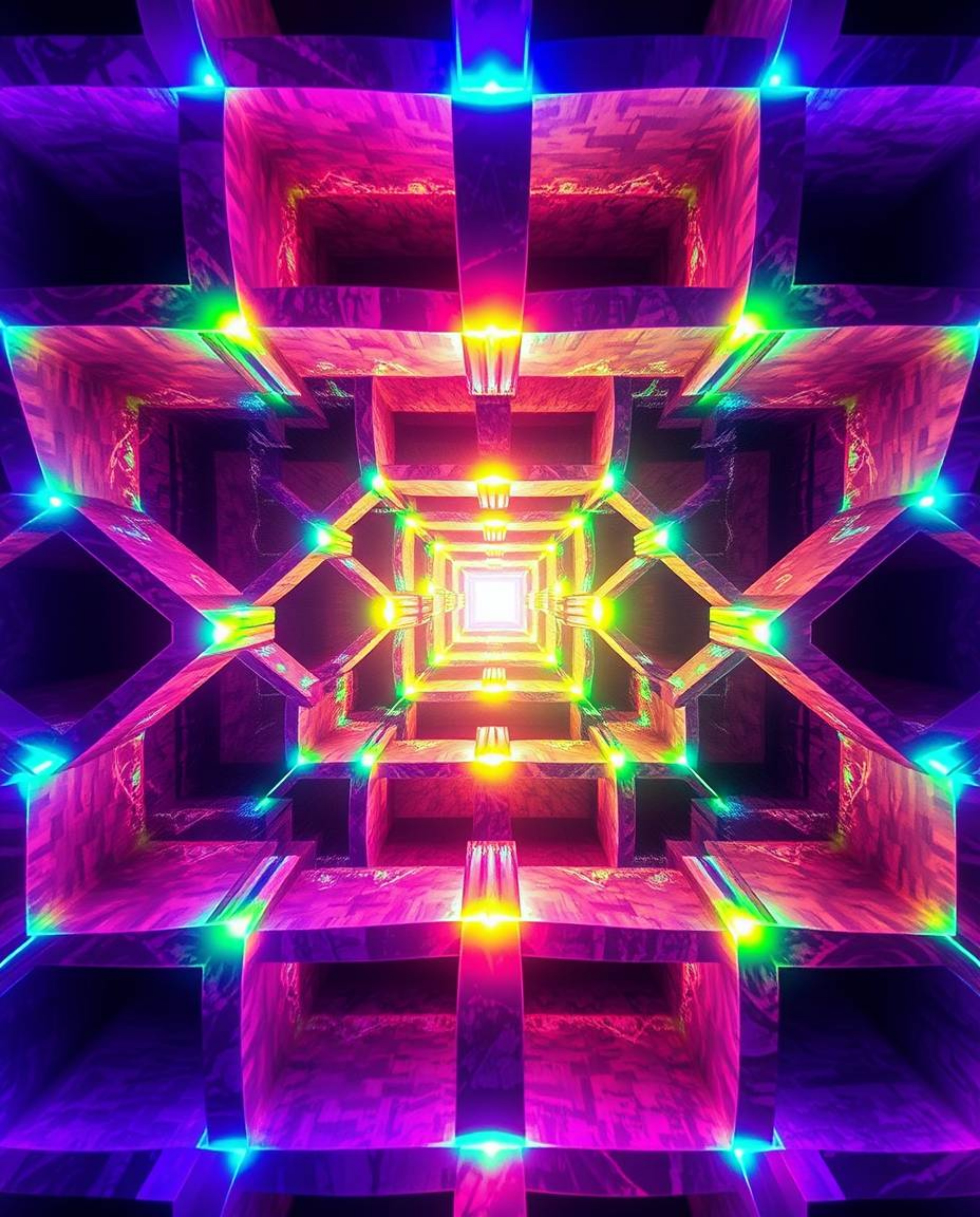 A vibrant and captivating image featuring a repetitive Escher-style cube pattern rendered in impossible geometry.  The design