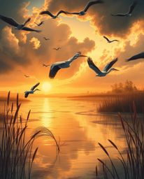 A dramatic illustration of a golden hour wetlands scene with adorable herons in flight. The artwork is characterized by its c