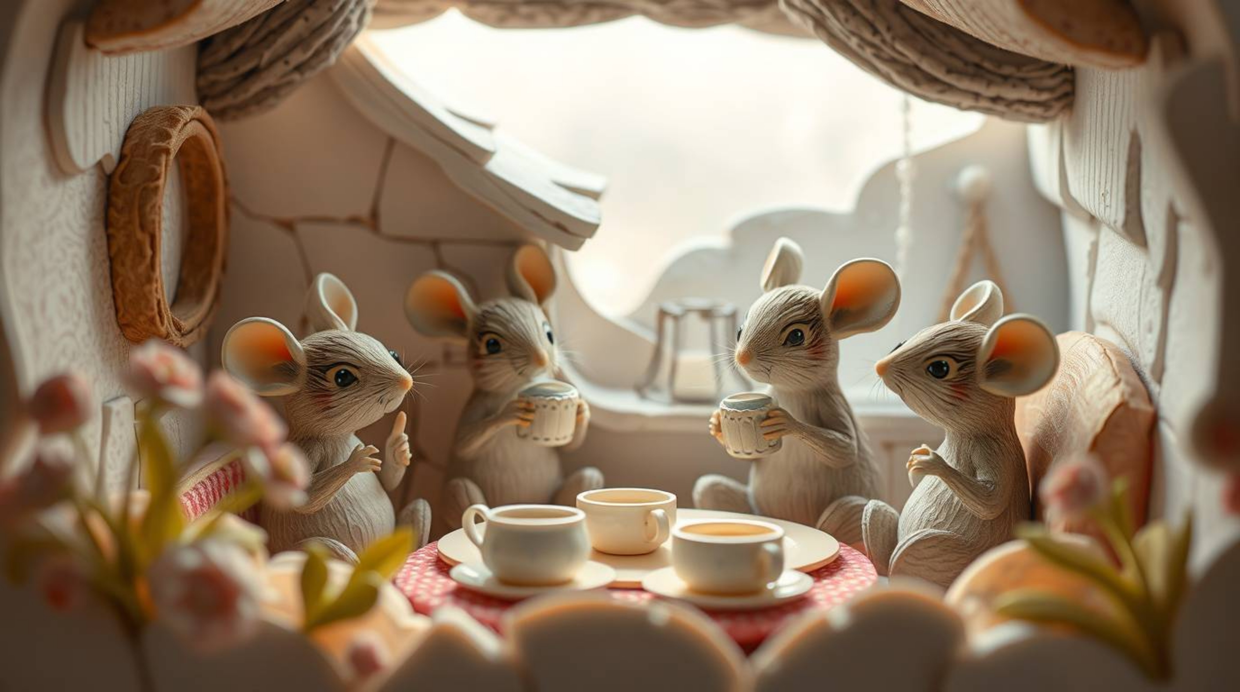 Immerse yourself in a soft, dreamy world with this layered papier-mâché style illustration depicting anthropomorphic mice enj