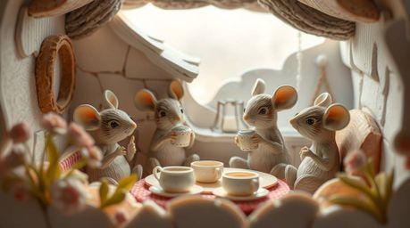 Immerse yourself in a soft, dreamy world with this layered papier-mâché style illustration depicting anthropomorphic mice enj