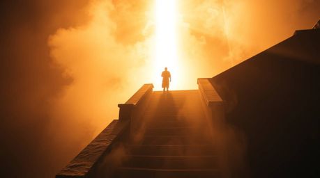 Explore a captivating fine art photograph featuring a lone figure ascending a stone staircase towards a radiant beam of light
