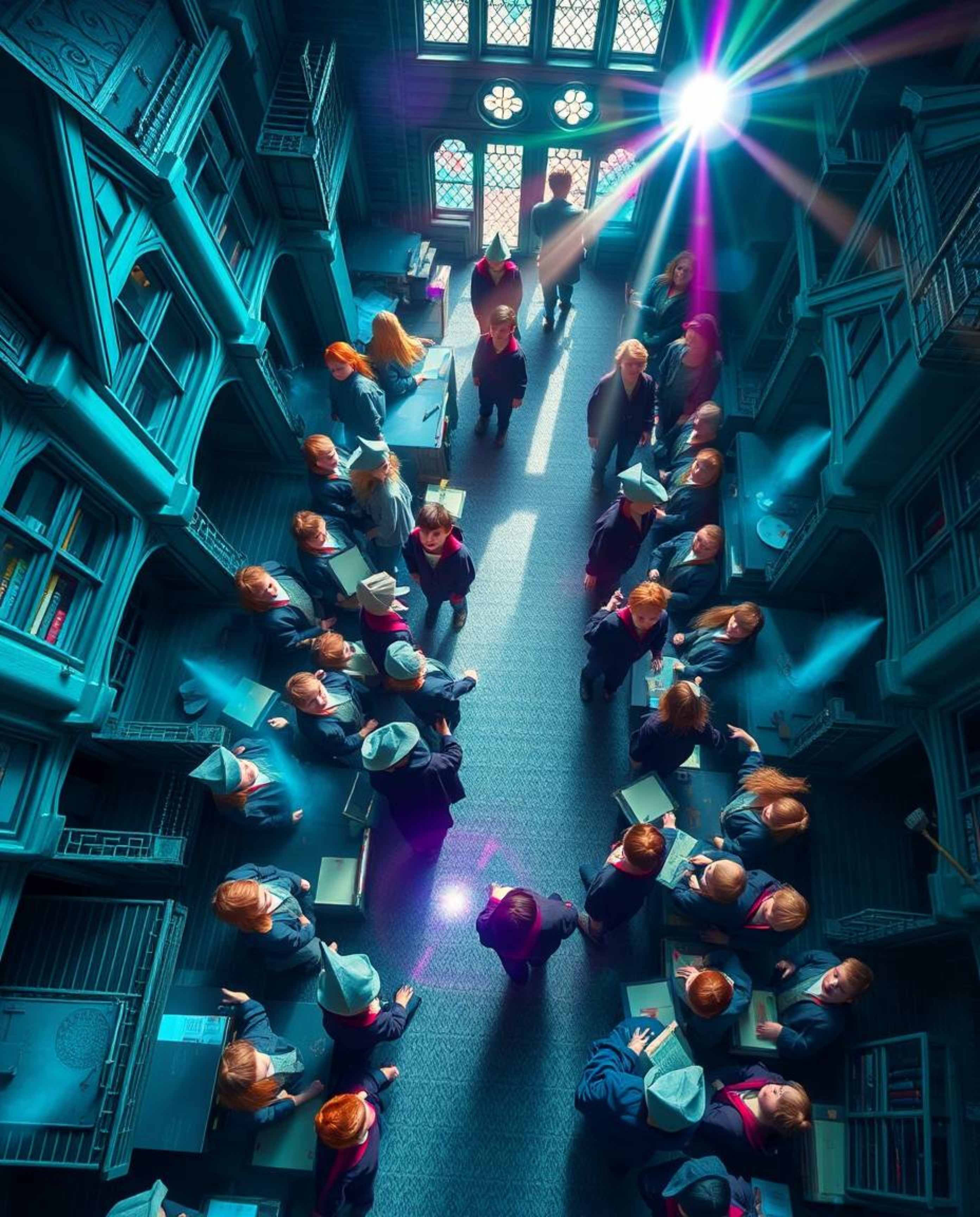 Experience a breathtaking overhead perspective of a magical school teeming with young wizards. The scene explodes with vibran