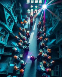 Experience a breathtaking overhead perspective of a magical school teeming with young wizards. The scene explodes with vibran